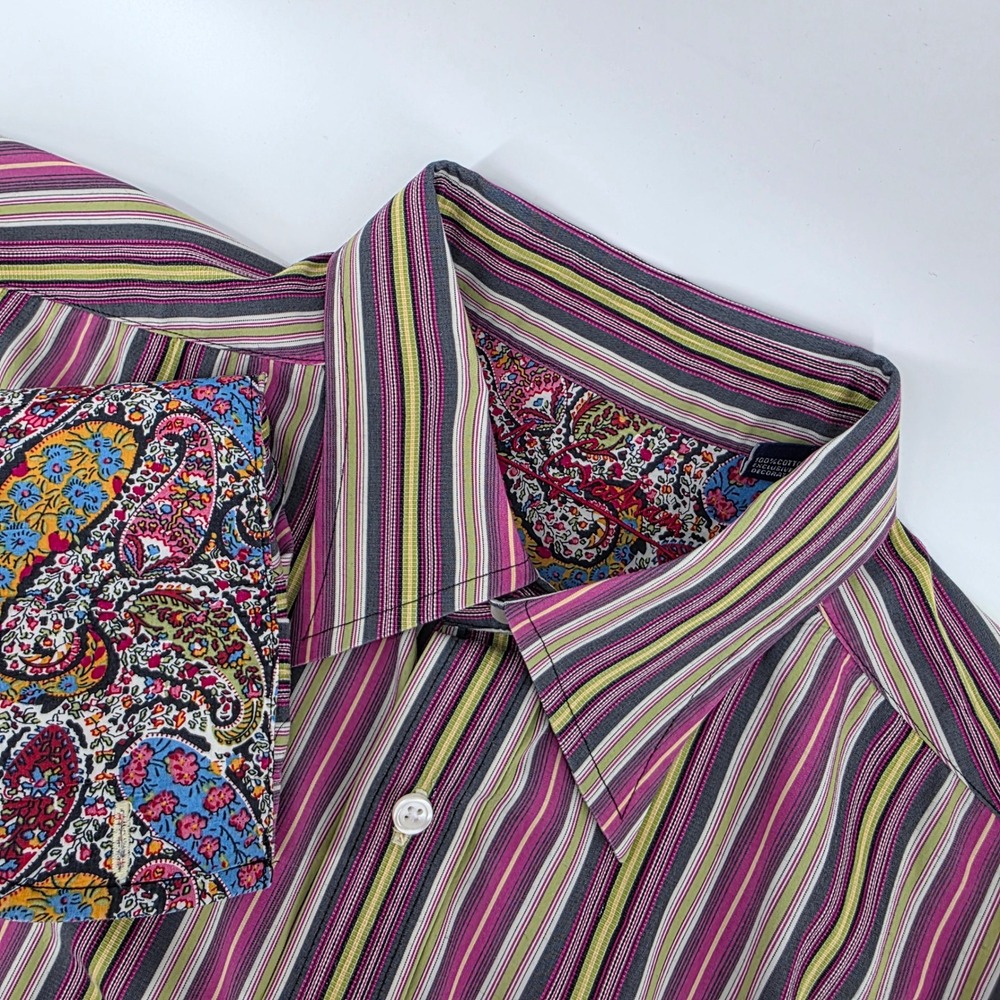 Robert‎ Graham Button Down Mens XL Striped Cotton Paisley Cuff Purple Streetwear